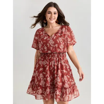 Bloomchic Women's Plus Size Floral Print Shirred Waist Mini Dress Rust Leaf Mini Vacation Smocked 10/m In Brown