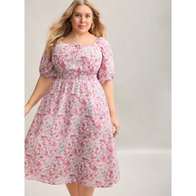 Bloomchic Women's Plus Size Floral Print Shirred Waist Pockets Midi Dress Blush Ditsy Floral Midi Elegant Ruch In Pink