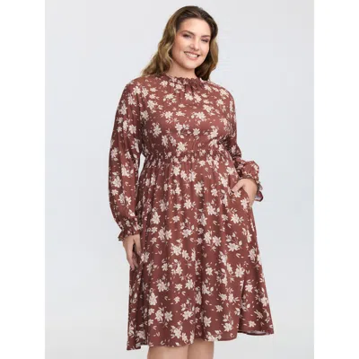 Bloomchic Women's Plus Size Floral Print Shirred Waist Rayon Midi Dress Browncoffeecolor Floral Midi Casual Ga
