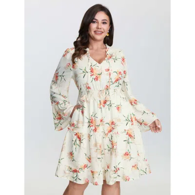 Bloomchic Women's Plus Size Floral Print Shirred Waist Ruffled Edge Mini Dress Ivory Floral Midi Elegant Smock In White