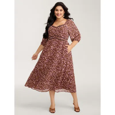 Bloomchic Women's Plus Size Floral Print Shirred Waist Ruffled Maxi Dress Browncoffeecolor Ditsy Floral Midi E