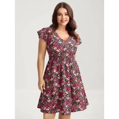 Bloomchic Women's Plus Size Floral Print Shirred Waist Ruffled Mini Dress Peach Ditsy Floral Midi Casual Smock In Orange