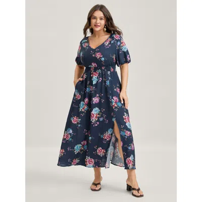 Bloomchic Women's Plus Size Floral Print Shirred Waist Slit Midi Dress Darkblue Floral Maxi Elegant Slit 28/5x In Blue