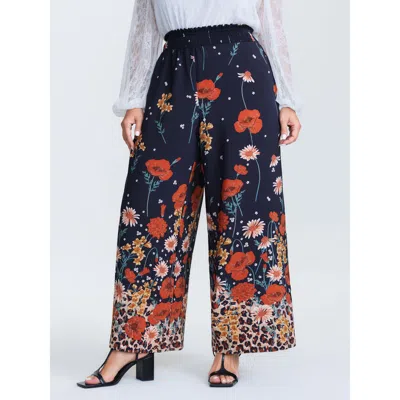 Bloomchic Women's Plus Size Floral Print Shirred Waist Wide Leg Pants Indigo Ditsy Floral Wide Leg High Rise E In Purple