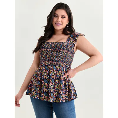Bloomchic Women's Plus Size Floral Print Shirred Wide Straps Blouse Multicolor Ditsy Floral Elegant Cap Sleeve