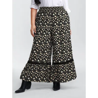 Bloomchic Women's Plus Size Floral Print Shirred Wide Waistband Tiered Pants Blackflower Floral Wide Leg Mid R