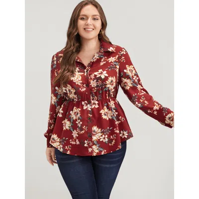 Bloomchic Women's Plus Size Floral Print Shirt Collar Button Up Blouse Scarlet Floral Dailywear Long Sleeve 28 In Red