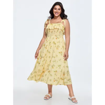 Bloomchic Women's Plus Size Floral Print Shoulder-tie Midi Dress Lightyellow Fruit Tunic Casual Smocked 12/l