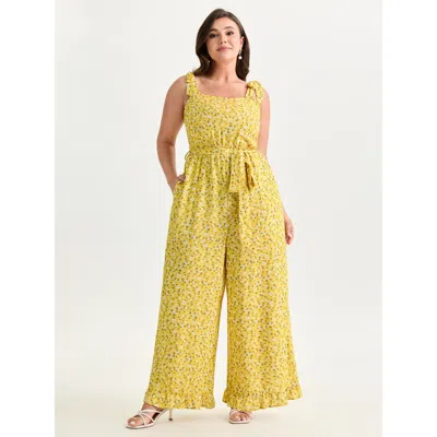Bloomchic Women's Plus Size Floral Print Shoulder-tie Ruffled Hem Jumpsuit Lemonyellow Elegant 22-24/3x