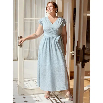 Bloomchic Women's Plus Size Floral Print Slit Belted Maxi Dress Lightblue Ditsy Floral Maxi Elegant 30/6x In Blue