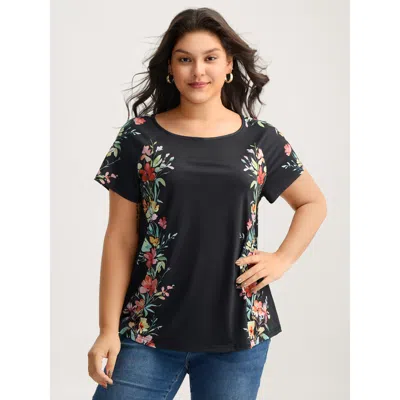 Bloomchic Women's Plus Size Floral Print Solid Round Neck T-shirt Black Floral Casual Short Sleeve 10/m