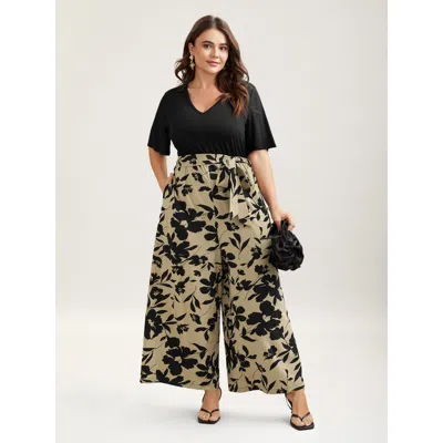 Bloomchic Women's Plus Size Floral Print Spliced Belted Wide-leg Jumpsuit Tan Elegant 12/l In Brown