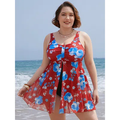 Bloomchic Floral Print Split Front Ruched A Line Swim Dress In Red