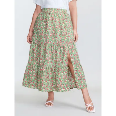 Bloomchic Women's Plus Size Floral Print Split Side Tiered Maxi Skirt Greenbean Colorblock Non Elegant 12/l
