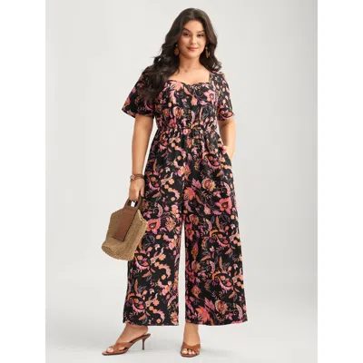 Bloomchic Women's Plus Size Floral Print Square Neck Pockets Jumpsuit Black Vacation 30/6x