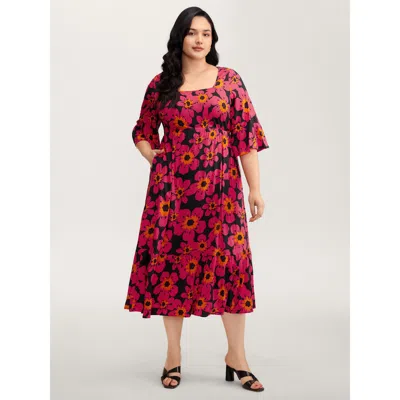 Bloomchic Women's Plus Size Floral Print Square Neck Pockets Maxi Dress Multicolor Floral Midi Elegant 10/m