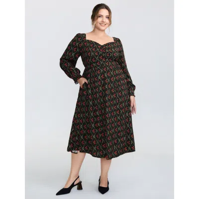 Bloomchic Women's Plus Size Floral Print Square Neck Ruched Midi Dress Blackflower Floral Midi Elegant Gathere