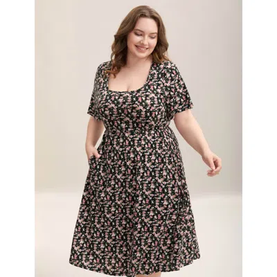 Bloomchic Women's Plus Size Floral Print Square Neck Straight-fit Midi Dress Black Ditsy Floral Midi Casual No