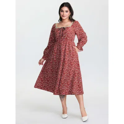 Bloomchic Women's Plus Size Floral Print Square Neckline Drawstring Midi Dress Maroon Ditsy Floral Midi Elegan In Burgundy