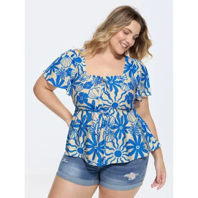 Bloomchic Women's Plus Size Floral Print Square Neckline Fitted Blouse Skyblue Marine Elements Vacation Short  In Blue