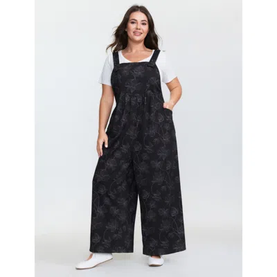 Bloomchic Women's Plus Size Floral Print Square Neckline Jumpsuit Blackflower Casual 12/l
