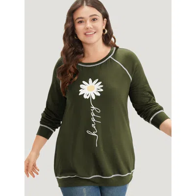 Bloomchic Women's Plus Size Floral Print Stitch Crew Neck Raglan Sleeve Sweatshirt Armygreen Natural Flowers D