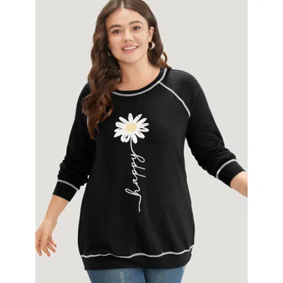Bloomchic Women's Plus Size Floral Print Stitch Crew Neck Raglan Sleeve Sweatshirt Black Natural Flowers Daily