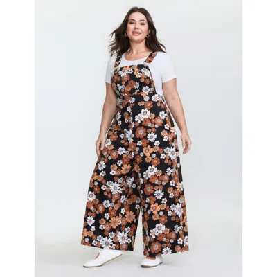 Bloomchic Women's Plus Size Floral Print Stretchy Adjustable Overall Jumpsuit Blackflower Casual Relaxed Fit 1