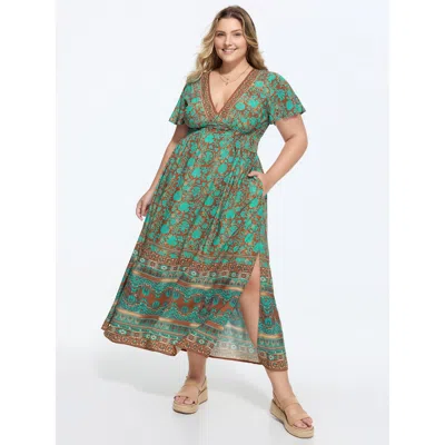 Bloomchic Women's Plus Size Floral Print Stretchy Cinched-waist Maxi Dress Turquoise Ethnic Floral Maxi Vacati In Blue