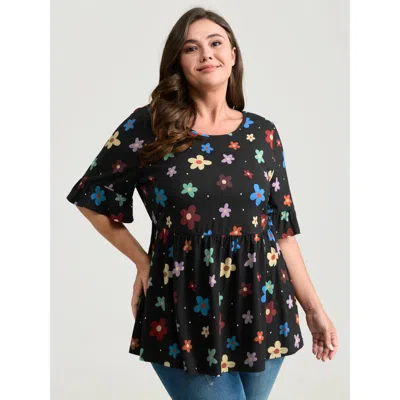 Bloomchic Women's Plus Size Floral Print Stretchy Knit Top Black Short Sleeve Casual Round Neck 12/l