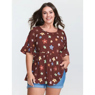 Bloomchic Women's Plus Size Floral Print Stretchy Knit Top Burgundy Short Sleeve Casual Round Neck 10/m