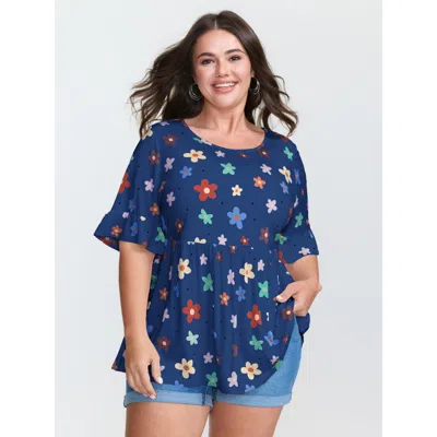 Bloomchic Women's Plus Size Floral Print Stretchy Knit Top Darkblue Short Sleeve Casual Round Neck 10/m In Blue