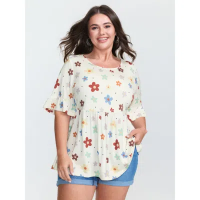 Bloomchic Women's Plus Size Floral Print Stretchy Knit Top Multicolor Short Sleeve Casual Round Neck 10/m