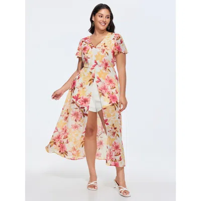 Bloomchic Women's Plus Size Floral Print Stretchy Layered Jumpsuit Mistyrose Elegant Fitted 10/m