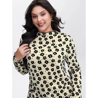 Bloomchic Women's Plus Size Floral Print Stretchy Mock Neck T-shirt Beige Floral Casual Extra Long Sleeve 22-2 In Sand