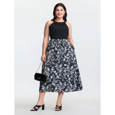 Bloomchic Women's Plus Size Floral Print Stretchy Waist Pockets Midi Dress Blackflower Ditsy Floral Midi Elega