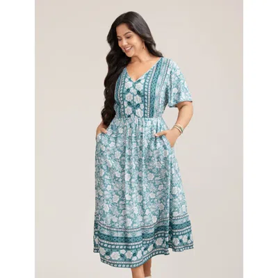 Bloomchic Women's Plus Size Floral Print Stretchy Waist Pockets Midi Dress Stone Bohemian Print Midi Vacation  In Gray
