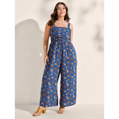 Bloomchic Women's Plus Size Floral Print Stretchy Waist Shirred Back Jumpsuit Mediumblue Elegant 22-24/3x