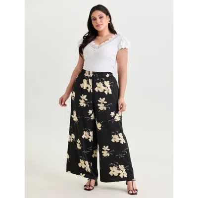 Bloomchic Women's Plus Size Floral Print Stretchy Waist Wide-leg Pants Black Floral Wide Leg High Rise Elegant
