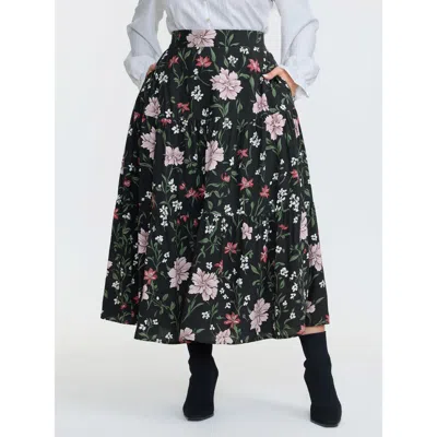 Bloomchic Women's Plus Size Floral Print Stretchy Waistband Maxi Skirt Black Flared Elegant 10/m