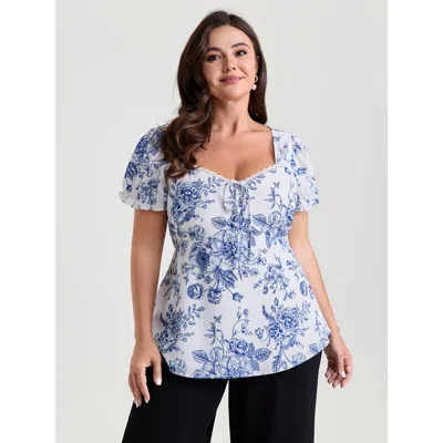 Bloomchic Women's Plus Size Floral Print Stretchy Waist-defining Blouse Whitesmoke Ditsy Floral Elegant Short 