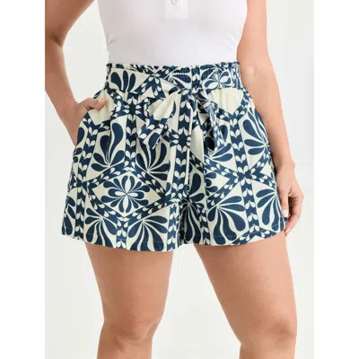 Bloomchic Women's Plus Size Floral Print Stretchy Waist-tie Shorts Indigo Vacation Wide Leg Smocked Shorts 22- In Purple