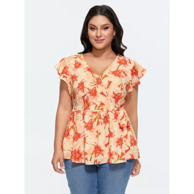 Bloomchic Women's Plus Size Floral Print Stretchy Wrap Tie Blouse Coral Elegant Cap Sleeve V-neck 10/m In Orange