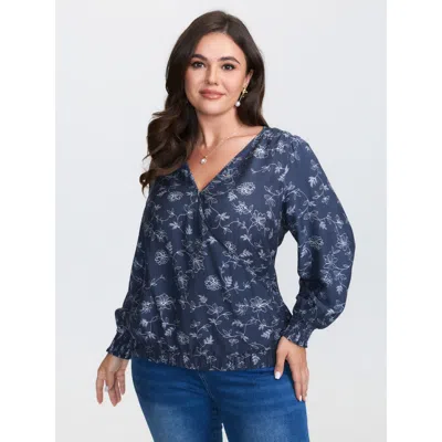 Bloomchic Women's Plus Size Floral Print Surplice Neck Blouse Darkblue Floral Elegant Long Sleeve V-neck 14-16 In Blue