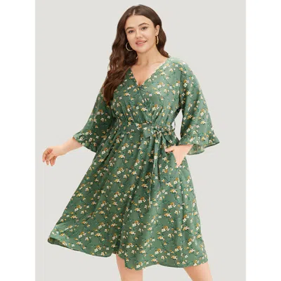 Bloomchic Women's Plus Size Floral Print Surplice Neck Flutter Trim Dress Green Dailywear Printed 22-24/3x