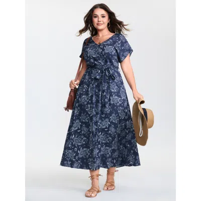 Bloomchic Women's Plus Size Floral Print Surplice Neck Mdii Dress Darkblue Tropical Maxi Vacation Bowknot 12/l In Blue