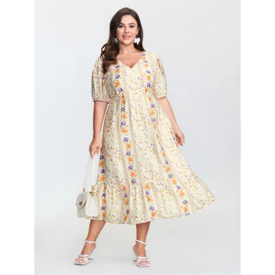 Bloomchic Women's Plus Size Floral Print Surplice Neck Tie Midi Dress Beige Ditsy Floral Midi Elegant Overlapp In Sand