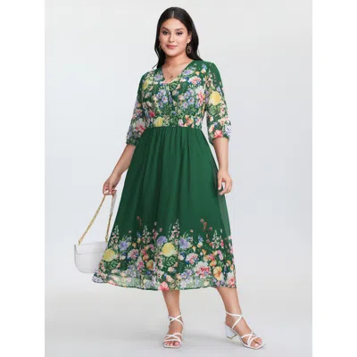Bloomchic Women's Plus Size Floral Print Surplice Neckline Stretchy Waist Maxi Dress Teal Ditsy Floral Maxi El In Blue