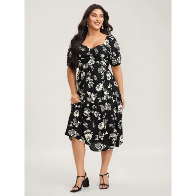 Bloomchic Women's Plus Size Floral Print Sweetheart Neck Midi Dress Blackflower Floral Midi Elegant Gathered 3