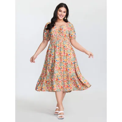 Bloomchic Women's Plus Size Floral Print Sweetheart Neckline Midi Dress Multicolor Ditsy Floral Midi Elegant B